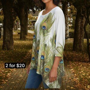 Indigo Soul Peacock Feather Beaded Handerkerchief Darpery Tunic Blouse